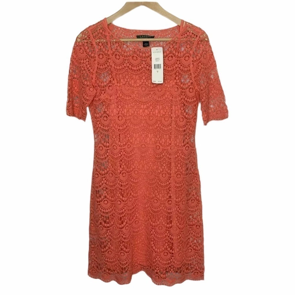 New Ralph Lauren Sheath Dress Small Coral Lace